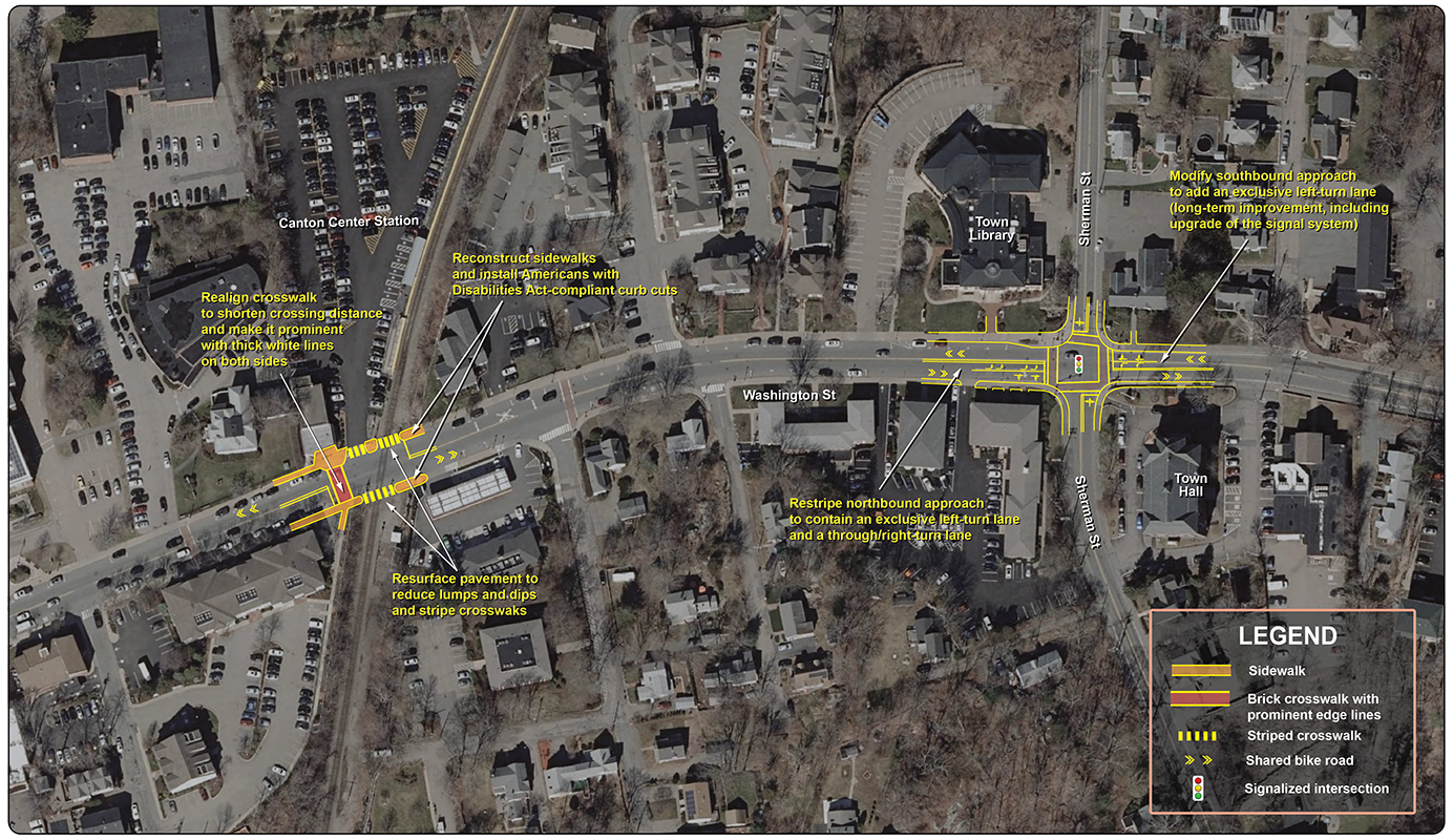 Figure 18: Canton Center Conceptual Plan, Part 1
This figure displays an aerial satellite image with proposed improvements in the northern half of the Canton Center section of the Washington Street corridor. Improvements are shown at the intersection of Washington Street and Sherman Street, as well as at the railroad crossing near Canton Center Station.
Figure 18: Canton Center Conceptual Plan, Part 1
This figure displays an aerial satellite image with proposed improvements in the northern half of the Canton Center section of the Washington Street corridor. Improvements are shown at the intersection of Washington Street and Sherman Street, as well as at the railroad crossing near Canton Center Station.